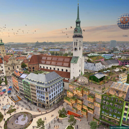 Positive Vision von einem klimafreundlichen München mit viel Grün, Platz für Fußgänger und Solar